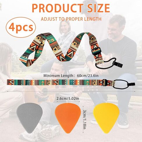 Adjustable Ukulele Strap with 3 Picks - Colorful Ethnic Shoulder Strap for Soprano, Concert, Tenor & Baritone Ukuleles | 23-55" Length Fit for Kids & Adults | Soft Fabric Neck Strap for Small Guitar in Saudi Arabia