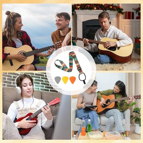 Adjustable Ukulele Strap with 3 Picks - Colorful Ethnic Shoulder Strap for Soprano, Concert, Tenor & Baritone Ukuleles | 23-55" Length Fit for Kids & Adults | Soft Fabric Neck Strap for Small Guitar in Saudi Arabia