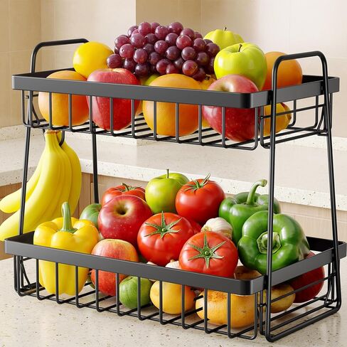 سلة فاكهة ساكوجي لعداد المطبخ - وعاء فاكهة من طبقتين مع شماعة موز قابلة للإزالة ومقابض، حامل فاكهة مقاوم للصدأ للمطبخ وغرفة المعيشة والحمام، 13.4 بوصة × 8.7 بوصة × 11.7 بوصة، أسود in Kuwait