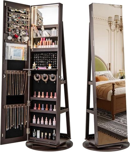CHARMAID 360° Swivel Jewelry Armoire with Full Length Mirror, Rear Storage Shelves, Lockable Standing Jewelry Cabinet Organizer with Interior Vanity Mirror and 3-Color Lights (Walnut) in Saudi Arabia