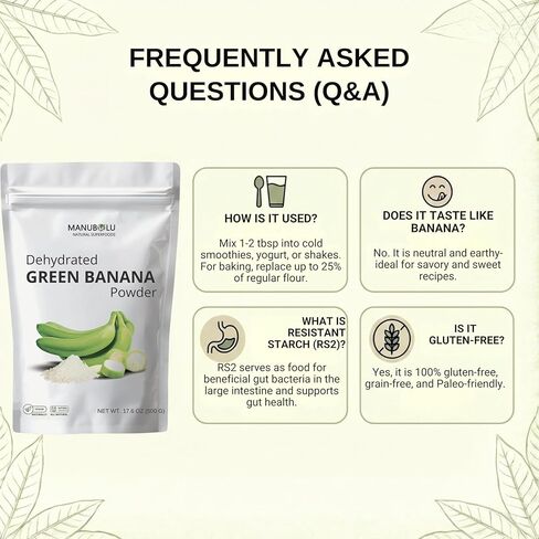 MANUBOLU Resistant Starch Green Banana Powder 1.1 lb | Prebiotic Fiber for Gut Health | 100% Natural, Sugar Free | Gluten Free, Paleo & Vegan Superfood | 500g in Saudi Arabia