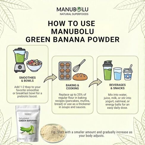 MANUBOLU Resistant Starch Green Banana Powder 1.1 lb | Prebiotic Fiber for Gut Health | 100% Natural, Sugar Free | Gluten Free, Paleo & Vegan Superfood | 500g in Saudi Arabia