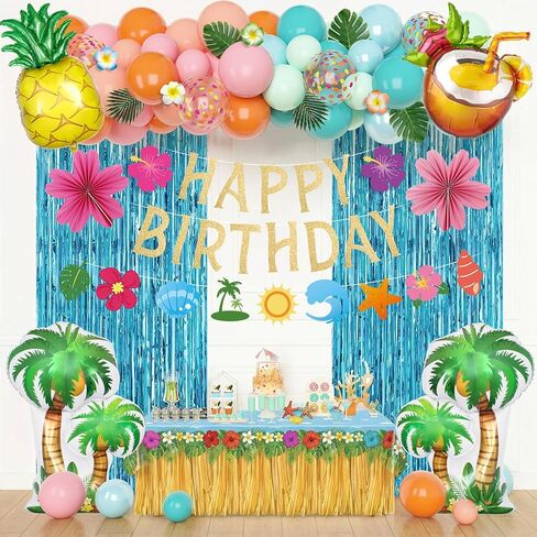 Summer Pool Beach Party Decorations, Splash Birthday Bash Party Supplies Tropical Summer Banner Beach Ball Lantern Fringe Curtain Foil Balloons Arch for Swimming Water Luau Hawaiian Party Decor(Blue) in Saudi Arabia