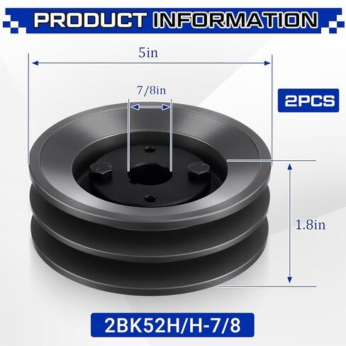 Fumete 2 Pcs 2BK52H 5" Dual Groove Pulley for 2 B Belt, Cast Iron Heavy Duty Sheave for Motor, Compressor, Pump, 7/8" Sheave Bushing in Saudi Arabia