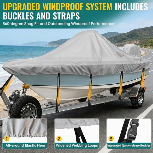 غطاء قارب وحدة التحكم المركزية، 17'-19'ft مقاوم للماء 900D PU غطاء قارب قابل للقطر للخدمة الشاقة لقارب وحدة التحكم المركزية، قماش بوليستر مقاوم للأشعة فوق البنفسجية من الدرجة البحرية مع غطاء محرك، رمادي in Kuwait