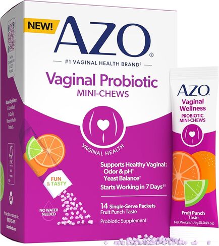 AZO Vaginal Probiotic Mini-Chews for Women, Supports Healthy Vaginal Odor, Healthy Vaginal Flora, Yeast Balance and pH*, Delicious Fruit Punch Taste, 14 Count in Kuwait