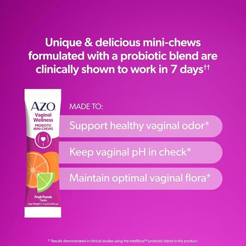 AZO Vaginal Probiotic Mini-Chews for Women, Supports Healthy Vaginal Odor, Healthy Vaginal Flora, Yeast Balance and pH*, Delicious Fruit Punch Taste, 14 Count in Kuwait