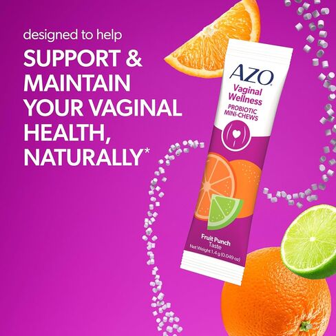 AZO Vaginal Probiotic Mini-Chews for Women, Supports Healthy Vaginal Odor, Healthy Vaginal Flora, Yeast Balance and pH*, Delicious Fruit Punch Taste, 14 Count in Kuwait
