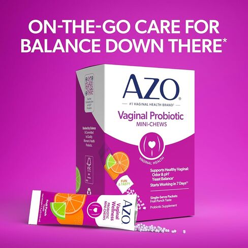 AZO Vaginal Probiotic Mini-Chews for Women, Supports Healthy Vaginal Odor, Healthy Vaginal Flora, Yeast Balance and pH*, Delicious Fruit Punch Taste, 14 Count in Kuwait