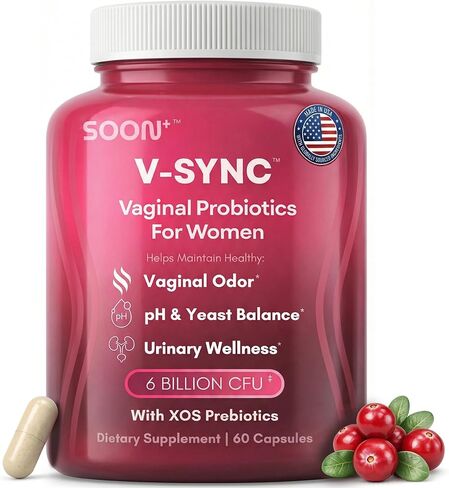 SOON+ بروبيوتيك مهبلي للنساء، بروبيوتيك مهبلي V-Sync مع العصيات اللبنية والتوت البري والبريبايوتكس، يدعم توازن درجة الحموضة للنساء، دعم الجهاز الهضمي لصحة المسالك البولية، 6 مليار CFU، 60 كبسولة in Kuwait