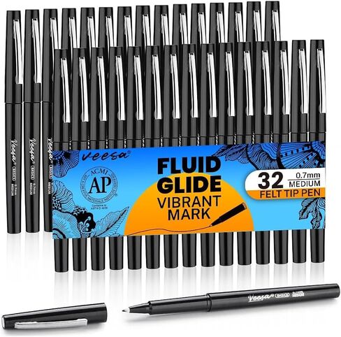 VEESA Felt Tip Pens Medium Point (0.7mm), 32 Pack Black Felt Tip Markers for Writing, Journal, Planner Coloring, Note Taking, School Supplies for Teachers & Students in Kuwait