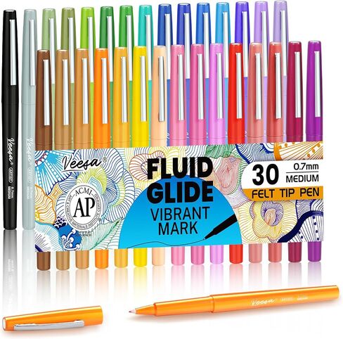 VEESA Felt Tip Pens Medium Point (0.7mm), 32 Pack Black Felt Tip Markers for Writing, Journal, Planner Coloring, Note Taking, School Supplies for Teachers & Students in Saudi Arabia