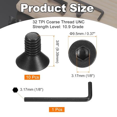 PATIKIL #10-32 x 3/8 Inch Flat Head Socket Cap Screws, 10 Pcs Flat Countersunk Bolts Hex Socket Drive Machine Screws Full Thread Coarse Thread UNC with Hex Spanner Black Oxide Grade 10.9 in Saudi Arabia