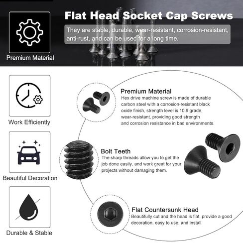 PATIKIL #10-32 x 3/8 Inch Flat Head Socket Cap Screws, 10 Pcs Flat Countersunk Bolts Hex Socket Drive Machine Screws Full Thread Coarse Thread UNC with Hex Spanner Black Oxide Grade 10.9 in Saudi Arabia