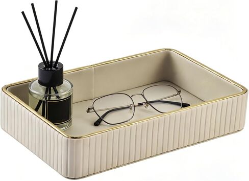 صينية خادم من جلد البولي يوريثان، صينية منظم مكتب منضدة منظم حلية تخزين الأطباق الرئيسية، صواني تزيين لمحفظة الهاتف وساعة المجوهرات، صواني زينة عطر غرفة النوم والحمام، أبيض كريمي in Kuwait