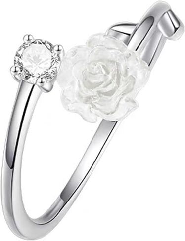 بوهو زهرة بيضاء خاتم الورد الأبيض المفصل الدائري روز زهرة التراص الدائري نقطة كريستال البنصر حجر الراين حلقة مفتوحة الفضة خاتم قابل للتعديل مجوهرات للنساء والفتيات الهدايا (الفضة) in Kuwait