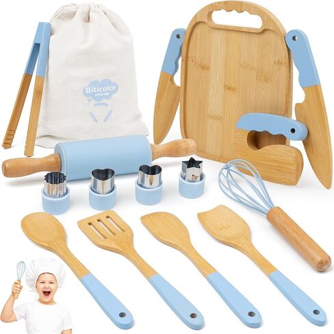 مجموعة طهي الأطفال الخشبية مجموعة Montessori - أدوات المطبخ الحقيقية وأدوات الخبز - مجموعة طهي 15 في المائة للأطفال مع حقيبة تخزين ، هدية رائعة للتظاهر بلعب وتعلم مونتيسوري (أخضر) in Saudi Arabia