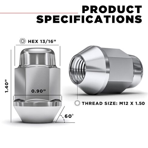صواميل العروة المنتفخة M12x1.50 من White Knight (سداسي 13/16 بوصة) لاختيار عجلات ما بعد البيع والمصنع سهلة التركيب من الفولاذ الكربوني المتين مع لمسة نهائية أنيقة من الكروم بطبقة ثلاثية - 1707-20AM (20 حزمة) in Saudi Arabia