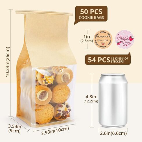 50 Pcs Cookie Bags with 2 Styles Cute Stickers, Sourdough Paper with Window, 50% Thicker 10.2x3.9x3.5in Bakery Bags for Storage Cookies, Snacks, Candies in Saudi Arabia