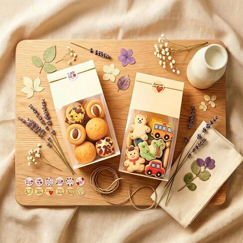 50 Pcs Cookie Bags with 2 Styles Cute Stickers, Sourdough Paper with Window, 50% Thicker 10.2x3.9x3.5in Bakery Bags for Storage Cookies, Snacks, Candies in Saudi Arabia