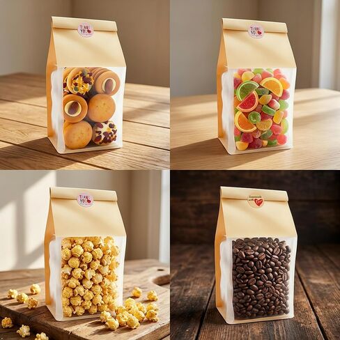 50 Pcs Cookie Bags with 2 Styles Cute Stickers, Sourdough Paper with Window, 50% Thicker 10.2x3.9x3.5in Bakery Bags for Storage Cookies, Snacks, Candies in Saudi Arabia