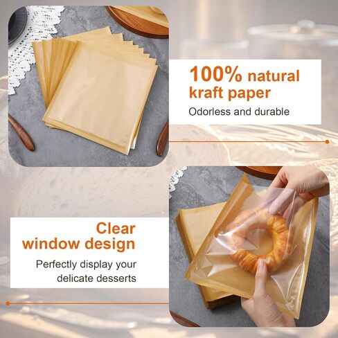 300 Pcs Heat Sealable Cookie Packaging Bags With Window, 7.1 x 7.5 Inch Bakery Pastry Bags with Window, Heat Sealable Grease Resistant Paper to Go Bake Sleeves for Gift Giving Donut Bread Sandwich in Saudi Arabia