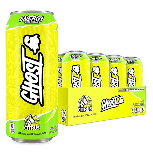 GHOST Energy Drink - 12-Pack, Warheads Sour Green Apple, 16oz - Energy & Focus & No Artificial Colors - 200mg of Natural Caffeine, L-Carnitine & Taurine - Gluten-Free & Vegan in Kuwait