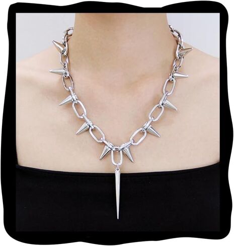 Silver Punk Spiked Chokers Necklaces Rivet Goth Necklaces Chokers with Spikes and Chain Streetwear jewelry Hard Rock Style Men Women Party Night Club Costume Accessories (Style1) in Kuwait
