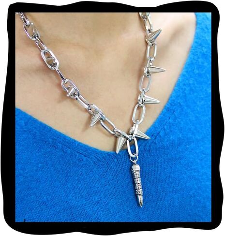 Silver Punk Spiked Chokers Necklaces Rivet Goth Necklaces Chokers with Spikes and Chain Streetwear jewelry Hard Rock Style Men Women Party Night Club Costume Accessories (Style1) in Kuwait