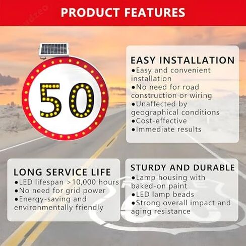Nighttime Roads Traffic Feedback Speed Limit Sign, LED FIashing Solar Powered Speed Limit 60 MPH Sign, Heavy Aluminum Rust-Proof Metal Frame, Simple to Mount 800mm/31.5\ in Saudi Arabia