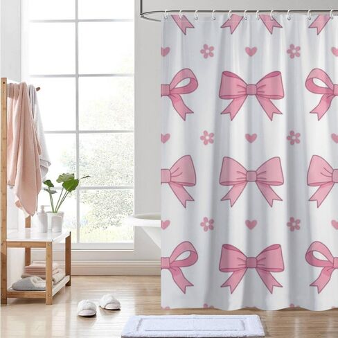 نسيج ستارة دش على شكل قلب زهري مع خطافات، ستارة دش جمالية صيفية مقاومة للماء، ستائر جمالية للعطلات من القماش قابلة للغسل للمشي في ديكور حمام لطيف 60 × 72 بوصة in Kuwait