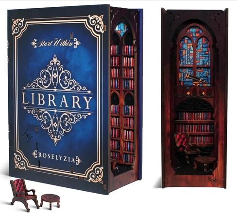 Book Nook DIY Kit - Nokboox 3D Wooden Diorama Miniature Library Bookend Insert with LED LID - Decorfles Decor Gift للبالغين والمراهقين - Navy Blue in Kuwait
