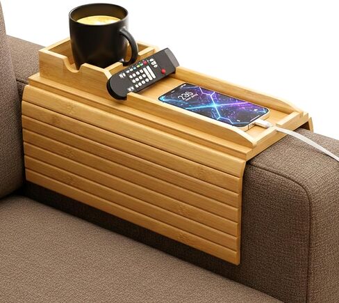 Couch Cup Holder & Bamboo Armrest Tray – Foldable Non-Slip Sofa Arm Table for Drinks, Snacks, Remote Control & Phone in Saudi Arabia
