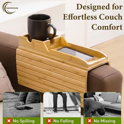 Couch Cup Holder & Bamboo Armrest Tray – Foldable Non-Slip Sofa Arm Table for Drinks, Snacks, Remote Control & Phone in Saudi Arabia