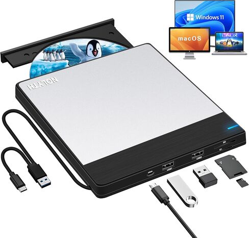 NOLYTH External DVD Drive, USB 3.0 & USB C, Portable +/-RW Ultra-Thin CD Burner with SD/TF/2 USB Slot, Sleek Black Silver DVD Player for Laptop PC Mac Computer Desktop Windows 11 in Kuwait