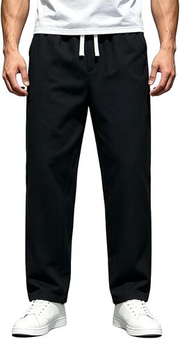 Mens Casual Linen Pants Loose Fit Elastic Drawstring Waist Straight-Legs Summer Yoga Beach Long Pants Ankle Pants in Saudi Arabia