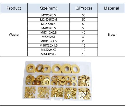 غسالة Qinlu-Washers النحاسية المسطحة 355 قطعة/المجموعة M2M2.5 M3M4 M5 M6 M8M10 M12M14 Meson Pad Sheet Metal طوق نحاس مسطح عادي غسالة مجموعة حشية مسطحة لإصلاح المصانع in Kuwait
