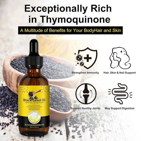 زيت البذور السوداء ، 60 مل من البرد العضوي مضغوط زيت بذور أسود غير مكرر ، وزيت بذور أسود طبيعية نقية لنمو الشعر ، وتعزيز المناعة ، والصحة الجهاز الهضمي ودعم الدماغ ، وزجاجة زجاجية ، 2.02 أوقية in Kuwait