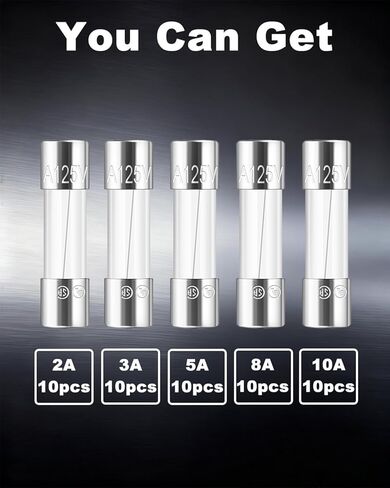 Riseuvo 50 PCS Fast-Acting Glass Fuses - 5 x 20 mm (0.2 x 0.79 in), 125 V Quick-Blow Assortment Kit (2A 3A 5A 8A 10A) for Christmas Tree & Indoor/Outdoor String Lights, Electronics Repair in Kuwait