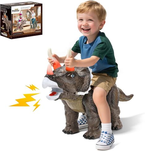 Ride Dinosaur on toy cars for Kids ، Twinkoo Realistic Triceratops دفع السيارة بثلاثة مؤثرات صوتية ، وعجلات صوتية وضوء PP للعب الداخلي/الخارجي ، وأفضل هدية للأطفال (Triceratops) in Kuwait