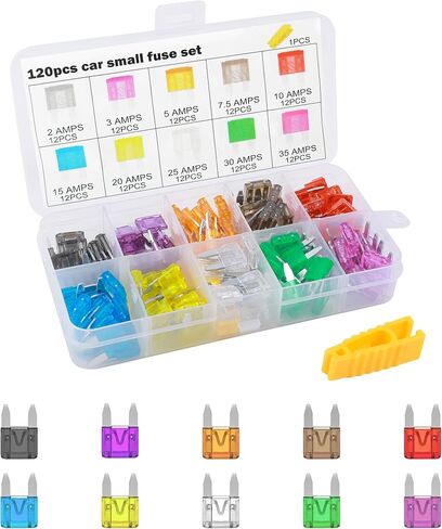 120PCS Car Fuses Assortment Kit,Car Accessories Blade Fuse Kit with Puller Tool,Mini Fuses 2A/3A/5A/7.5A/10A/15A/20A/25A/30A/35A,Suitable for Most Cars Boats Trucks SUVs RVs ATV Etc in Saudi Arabia