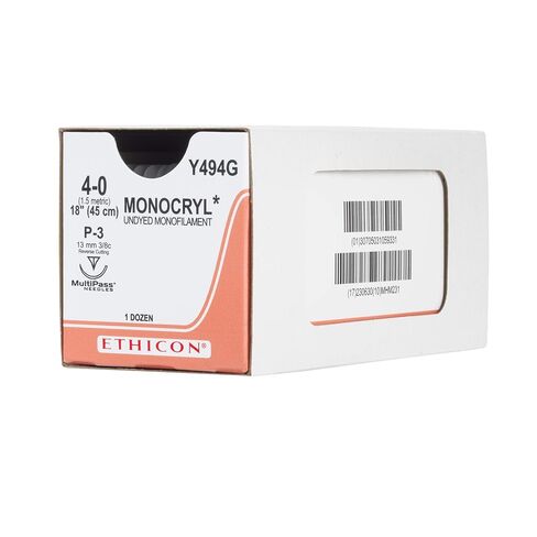 Ethicon MONOCRYL (poliglecaprone 25) Suture، Y494G، اصطناعي قابل للامتصاص، P-3 (13 مم)، إبرة دائرية 3/8، مقاس 4-0، 18 بوصة (45 سم) in Kuwait