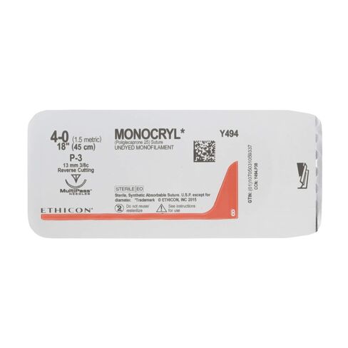 Ethicon MONOCRYL (poliglecaprone 25) Suture، Y494G، اصطناعي قابل للامتصاص، P-3 (13 مم)، إبرة دائرية 3/8، مقاس 4-0، 18 بوصة (45 سم) in Kuwait