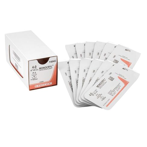 Ethicon MONOCRYL (poliglecaprone 25) Suture، Y494G، اصطناعي قابل للامتصاص، P-3 (13 مم)، إبرة دائرية 3/8، مقاس 4-0، 18 بوصة (45 سم) in Kuwait