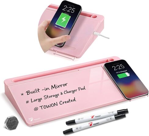 TOWON Black Desk Dry Erase Board with Charger Pad, Small Glass Desktop Whiteboard, Desktop whiteboard - Glass Dry Erase White Board- Desk Computer Buddy for Home Office Supply, 17 x 6 Inches in Kuwait