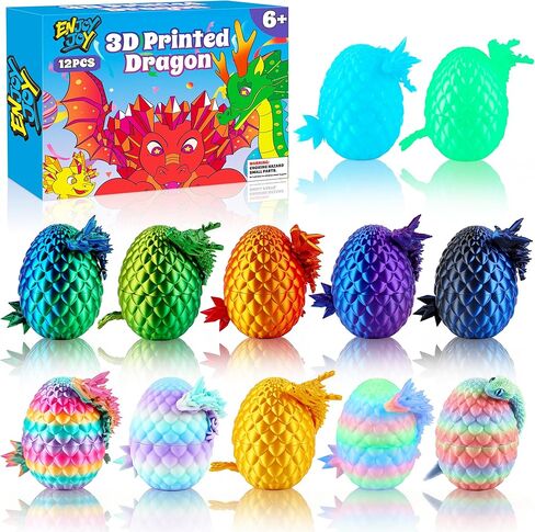 ENJOYJOY 12PCS 3D Printed Dragon Eggs with Dragon Inside, Articulated Crystal 3D Printed Animals Fidget Toy with Glow in The Dark, Dragon Toys Stuff Fun Gift for Kids Boys Girls in Saudi Arabia