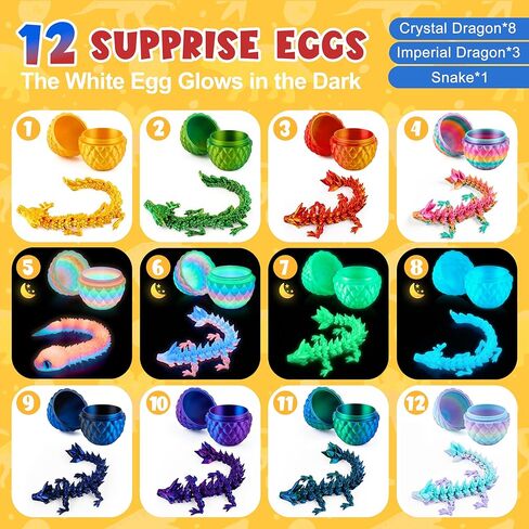 ENJOYJOY 12PCS 3D Printed Dragon Eggs with Dragon Inside, Articulated Crystal 3D Printed Animals Fidget Toy with Glow in The Dark, Dragon Toys Stuff Fun Gift for Kids Boys Girls in Saudi Arabia