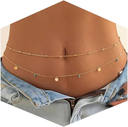 سلسلة خصر مطلية بالذهب 14K للنساء ، 2pcs قابلة للتعديل حبات اللؤلؤ ، وملحقات مجوهرات البطن الصيفية ذات الطبقات الصيفية in Kuwait