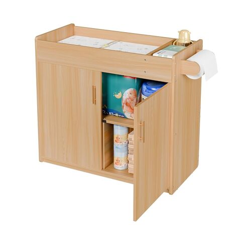 طاولة تغيير حفاضات Ogears Daycare مع وسادة مرتبة قابلة للإزالة والغسل | أبواب مغلقة وهادئة وحجرتين للتخزين | خشب متين، حزام أمان قابل للتعديل (طبيعي) in Kuwait