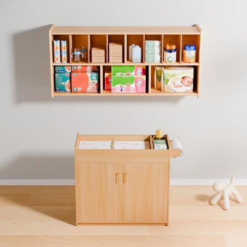 طاولة تغيير حفاضات Ogears Daycare مع وسادة مرتبة قابلة للإزالة والغسل | أبواب مغلقة وهادئة وحجرتين للتخزين | خشب متين، حزام أمان قابل للتعديل (طبيعي) in Kuwait